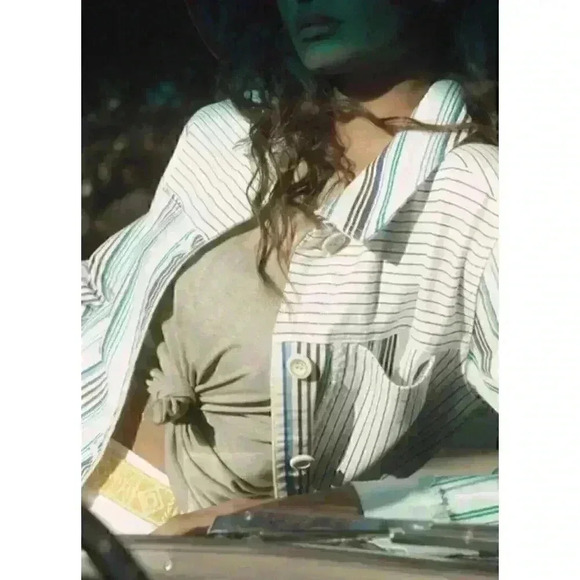 Anthropologie Maeve Oversize Denim Shirt S Shacket Jacket Boho Patchwork Stripe - Picture 5 of 14